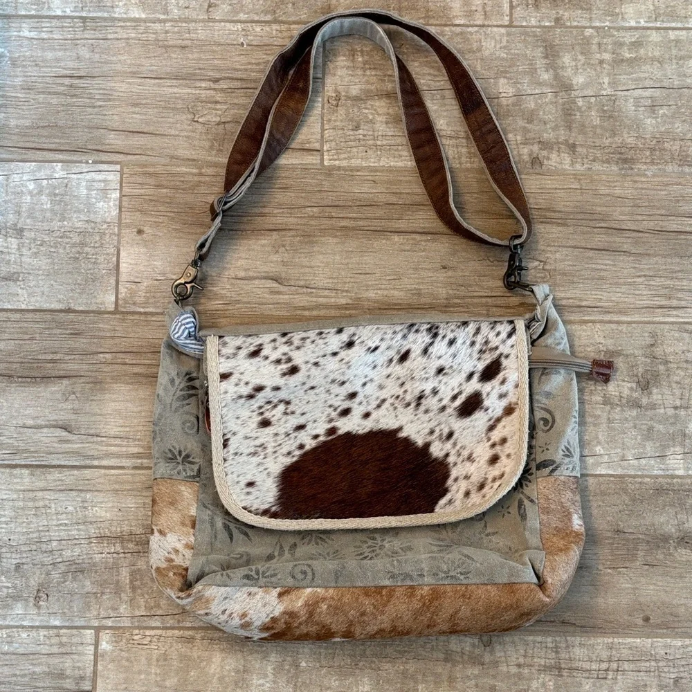 Cowhide And Leather Canvas Messenger Bag Featuring Genuine Hair and Leather Trim